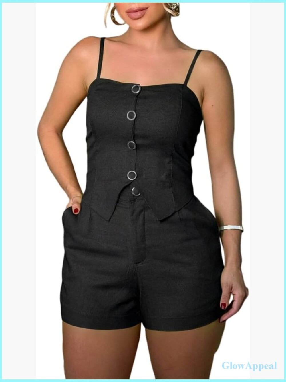 Women's 2 Piece Set Spaghetti Strap Button Top & Zipper Shorts